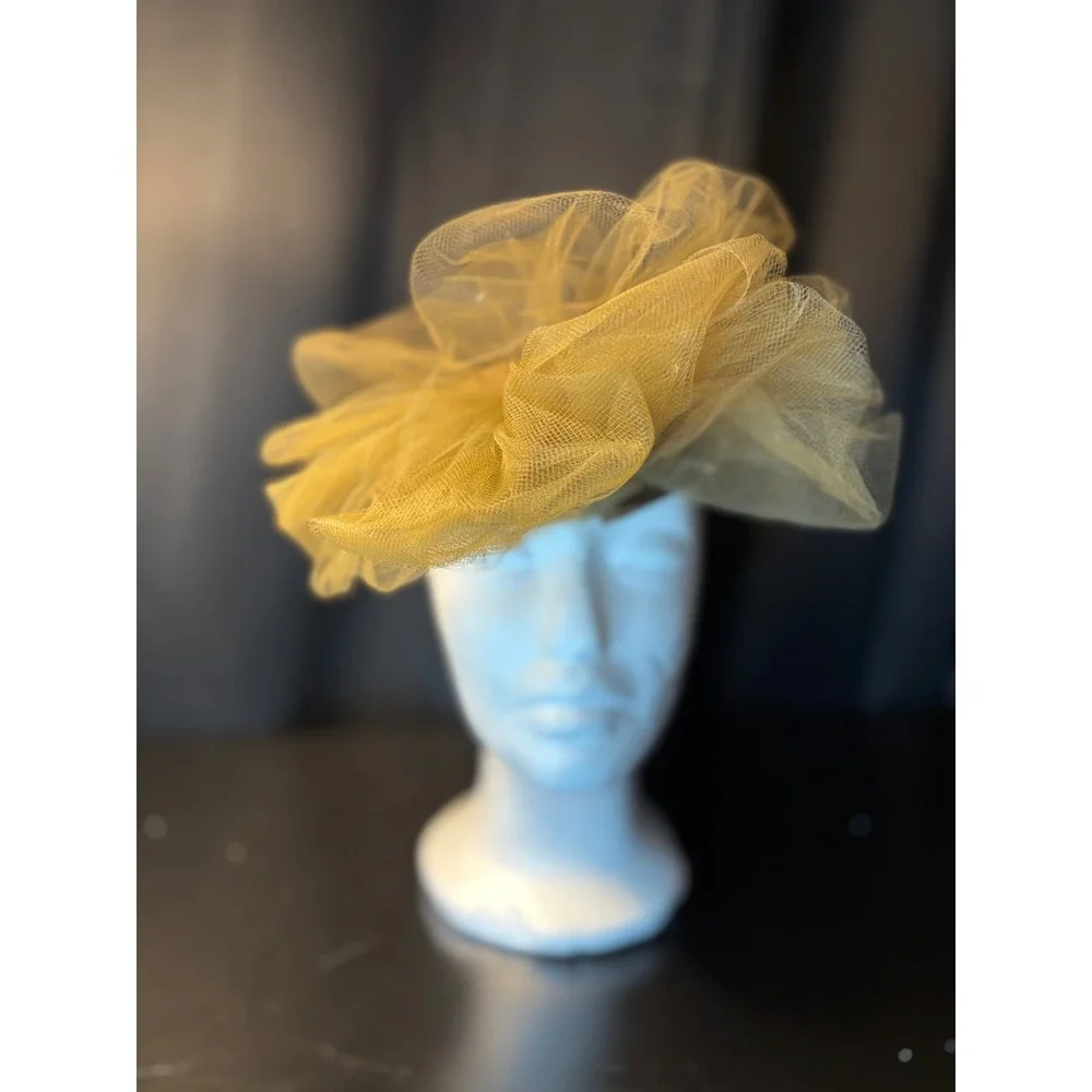 Vintage Bronze Pillbox Hat with Braided Trim and Gold Tulle Netting Fascinator